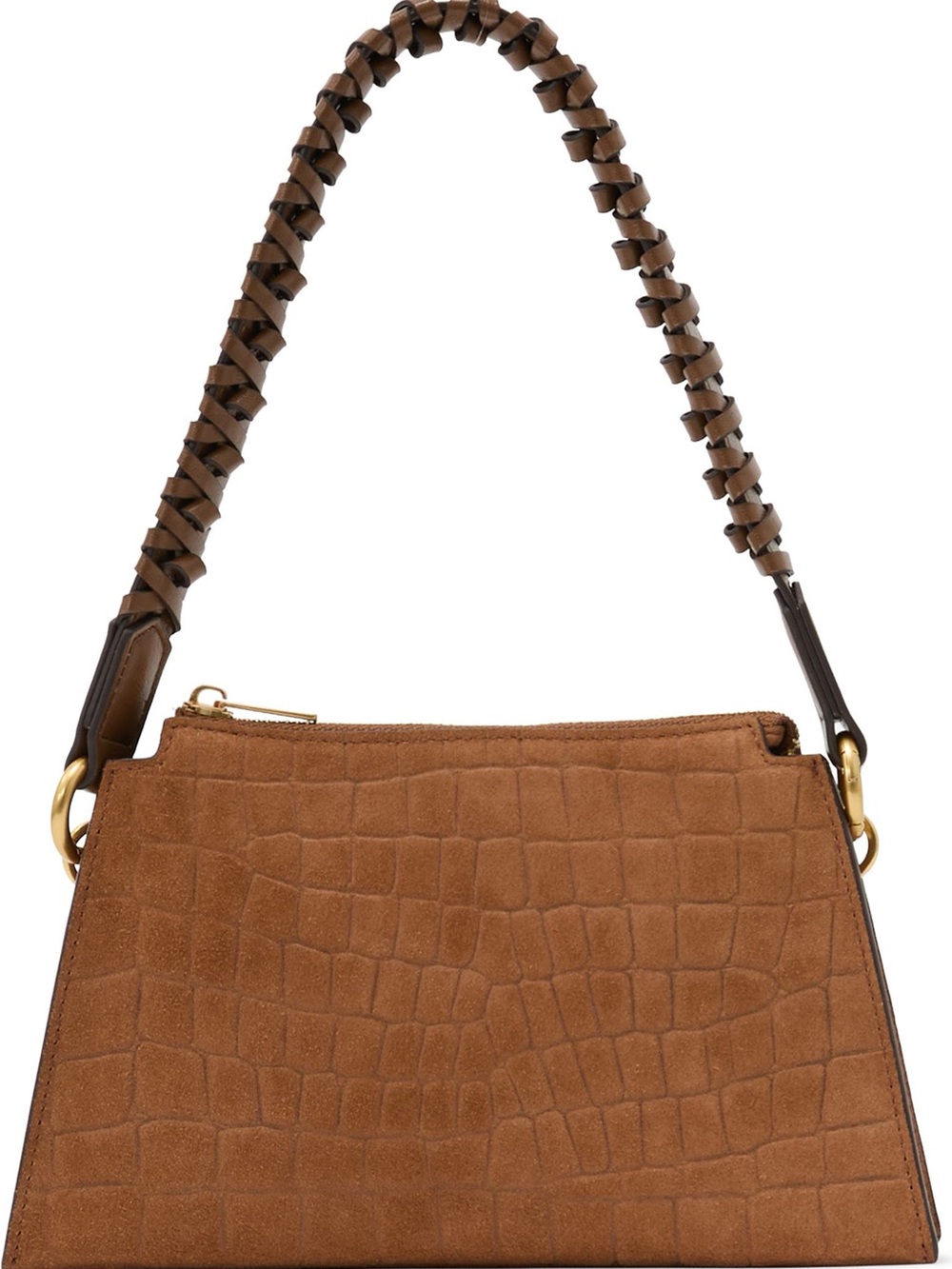 Reiss Brown Croc-Embossed Suede Shoulder Bag with Braided Handle
